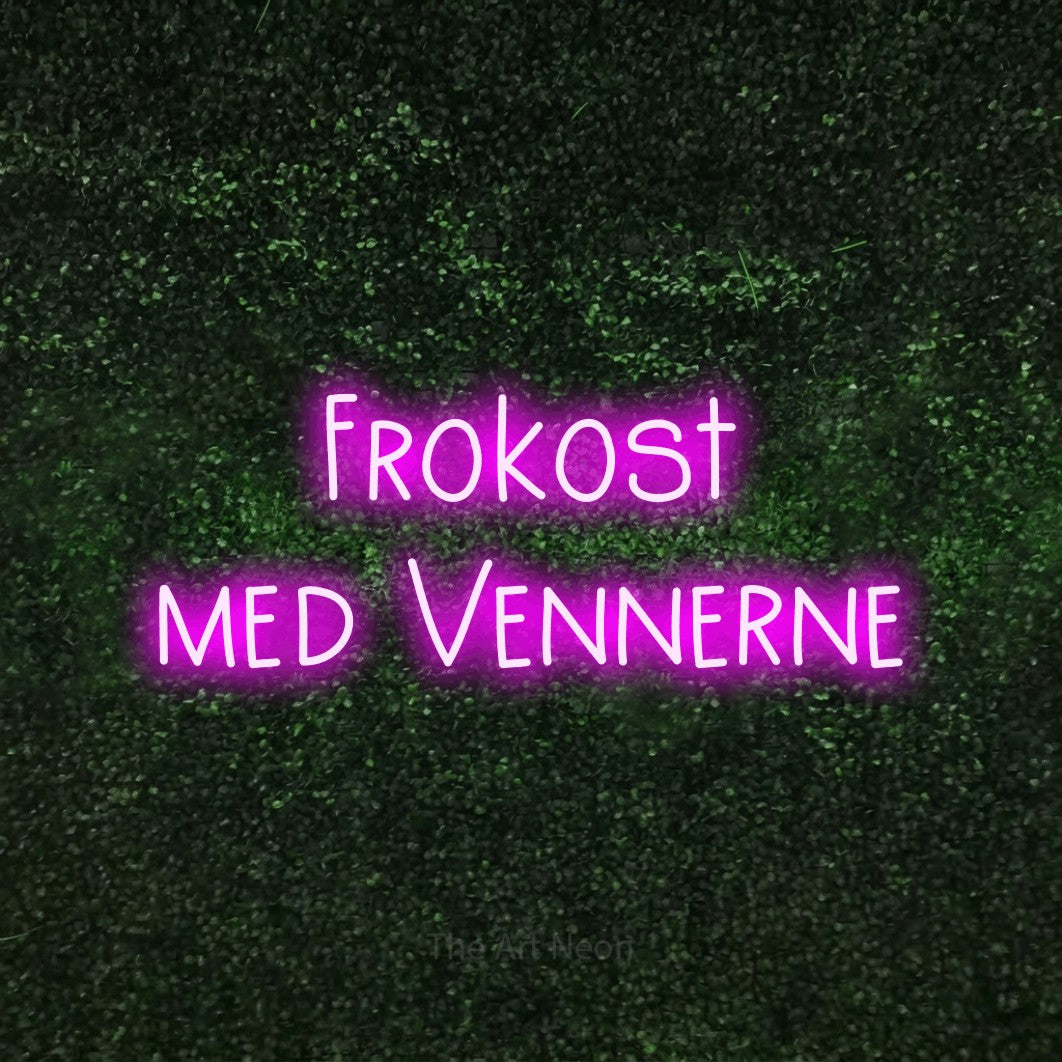 LED neon sign reading “Frokost med Vennerne”, arranged in 2 lines.