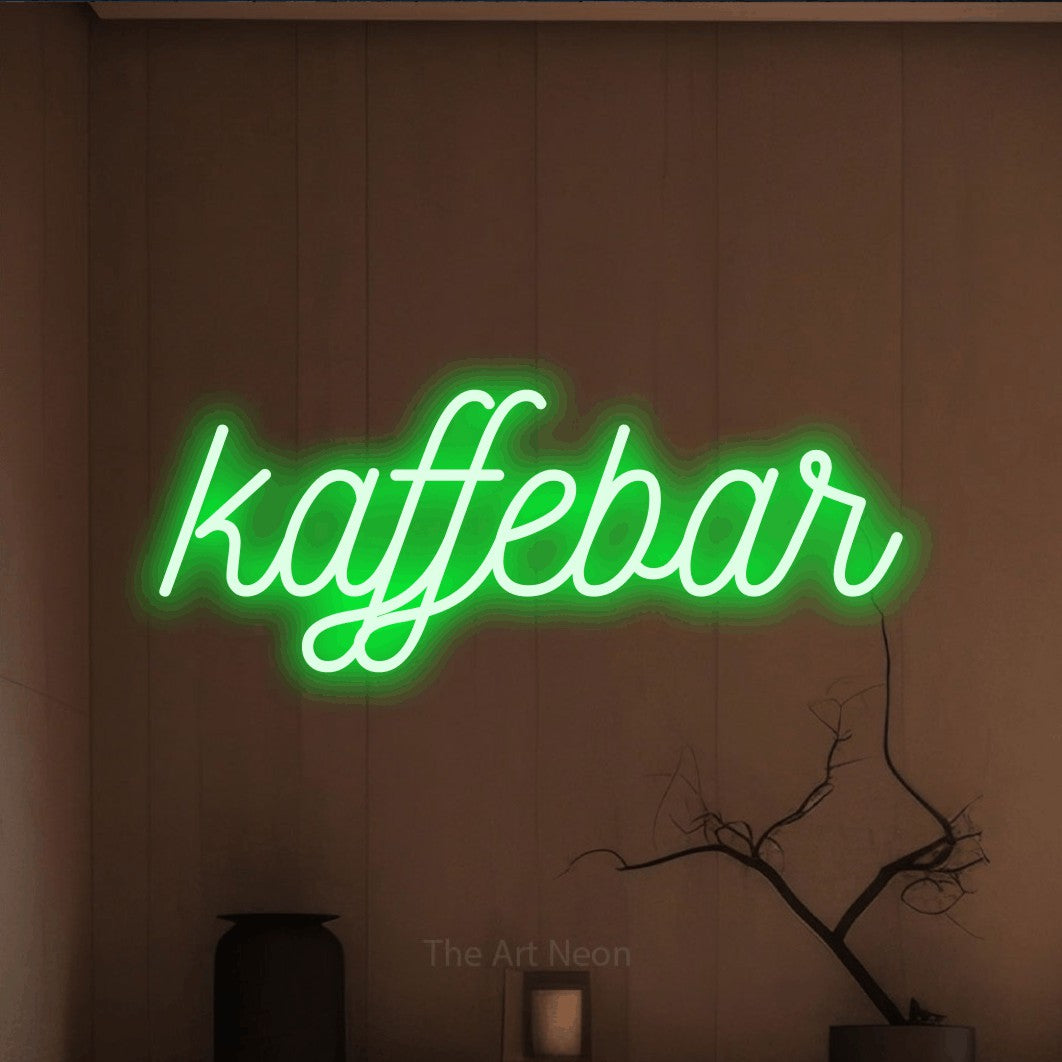 LED neon sign reading “kaffebar”, arranged in a single line.