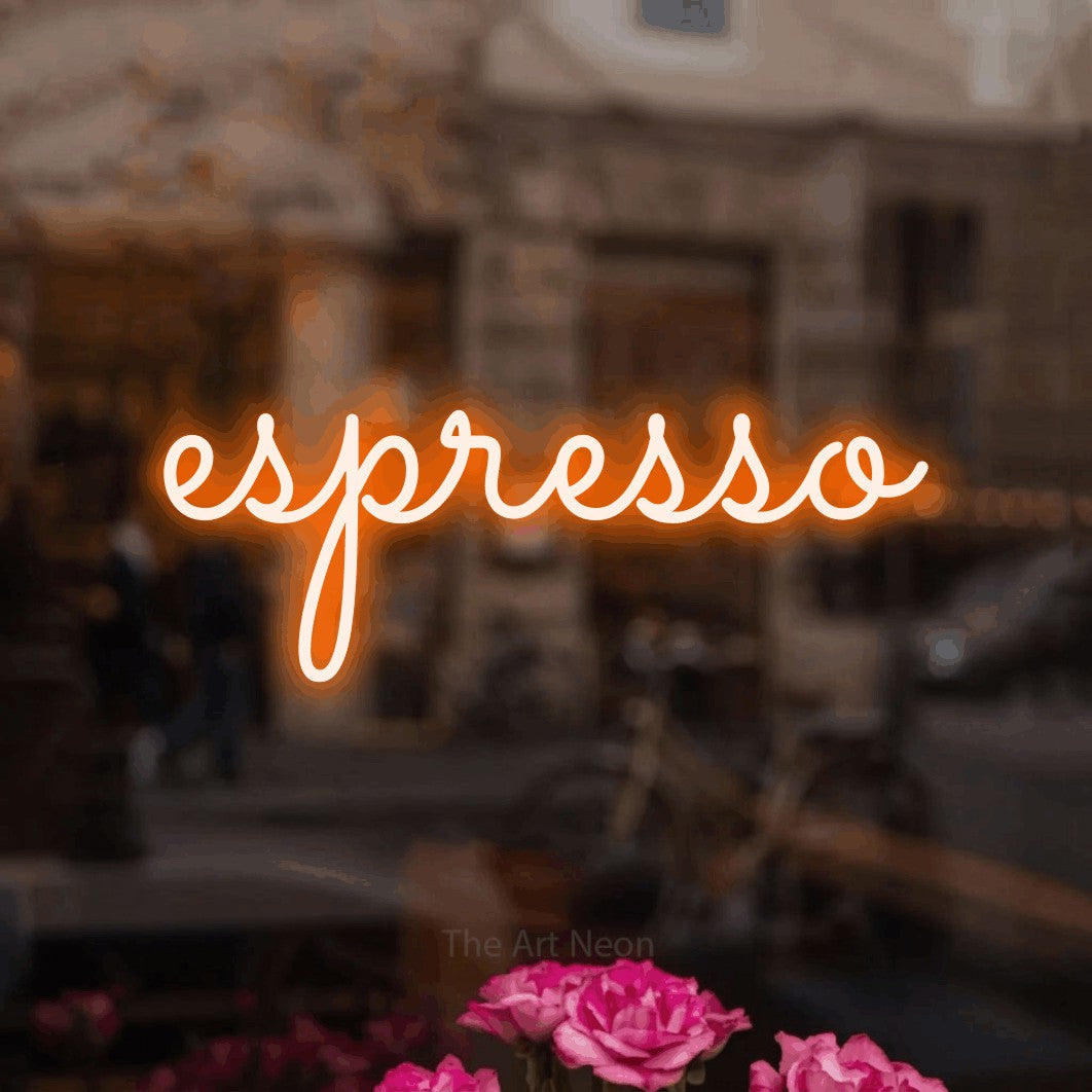 LED neon sign reading “espresso”, arranged in a single line.