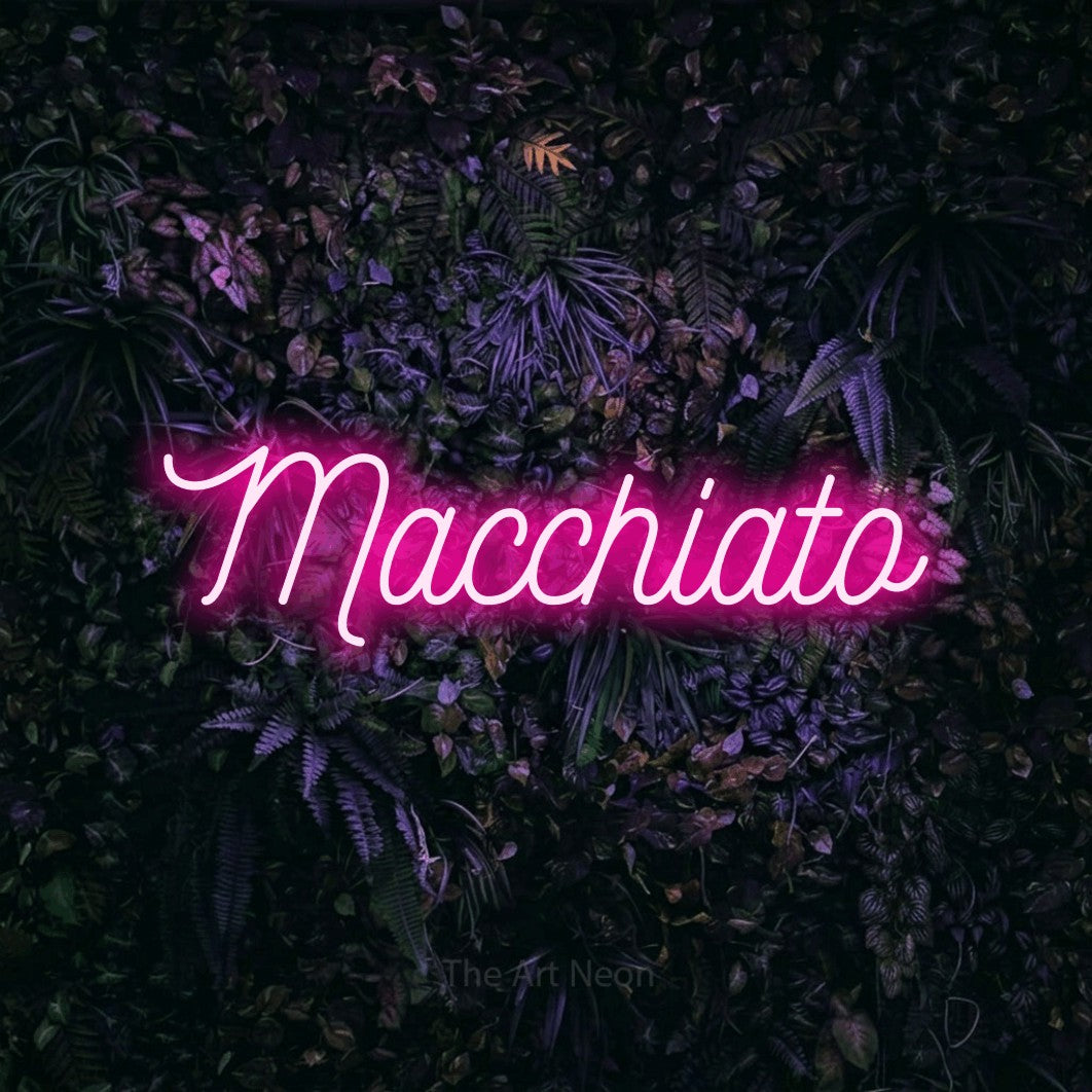 LED neon sign reading “Macchiato”, arranged in a single line.