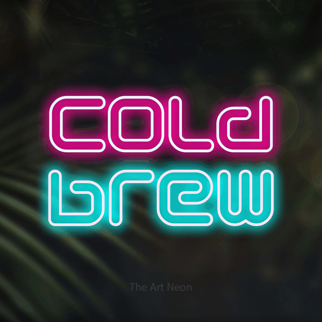 LED neon sign reading “cold brew”, arranged in 2 lines.