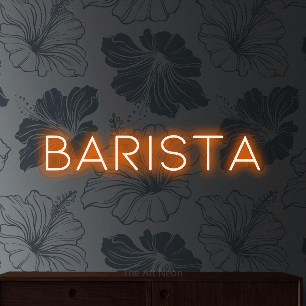 LED neon sign reading “barista”, arranged in a single line.