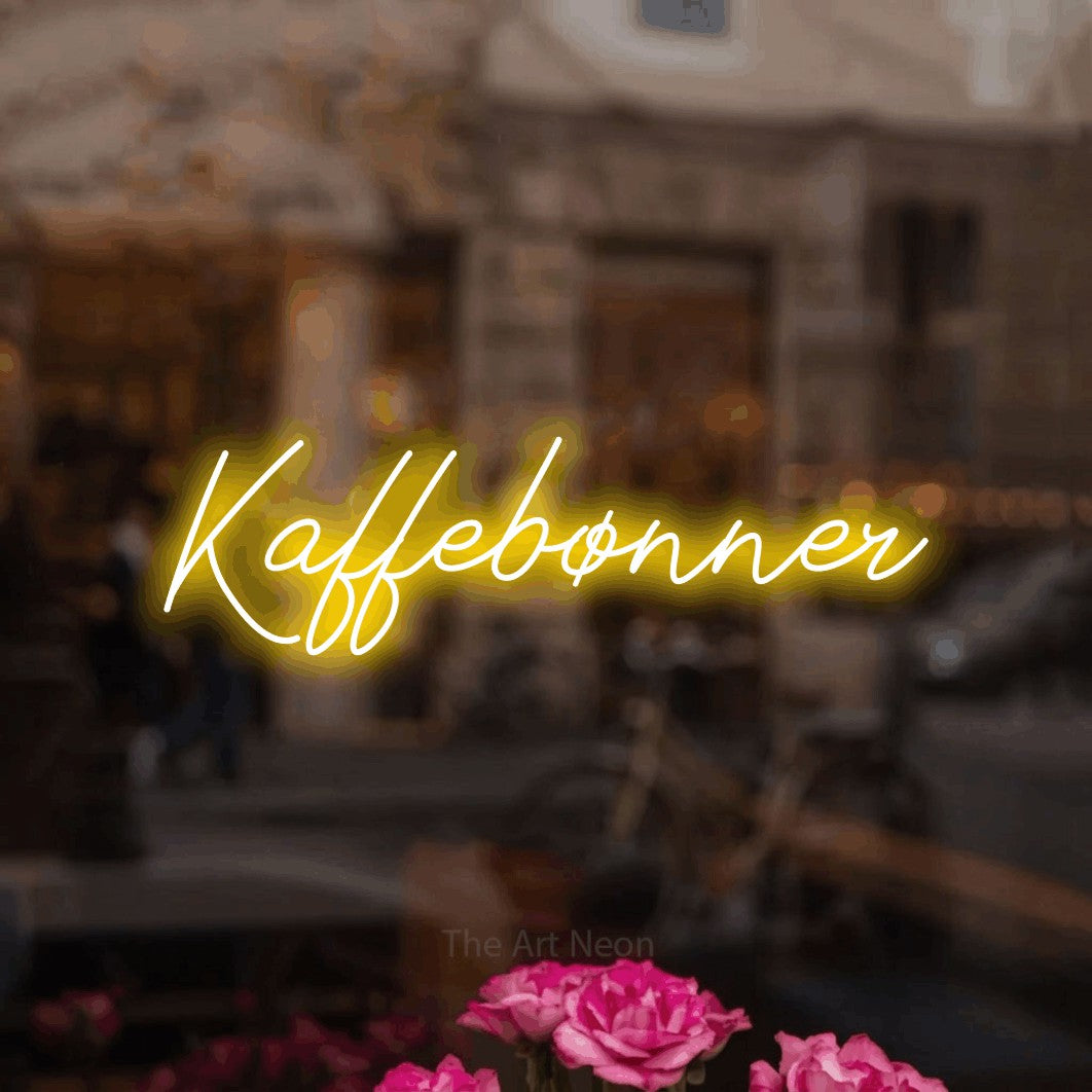 LED neon sign reading “Kaffebønner”, arranged in a single line.