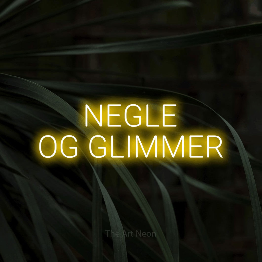 LED neon sign reading “NEGLE OG GLIMMER”, arranged in 2 lines.
