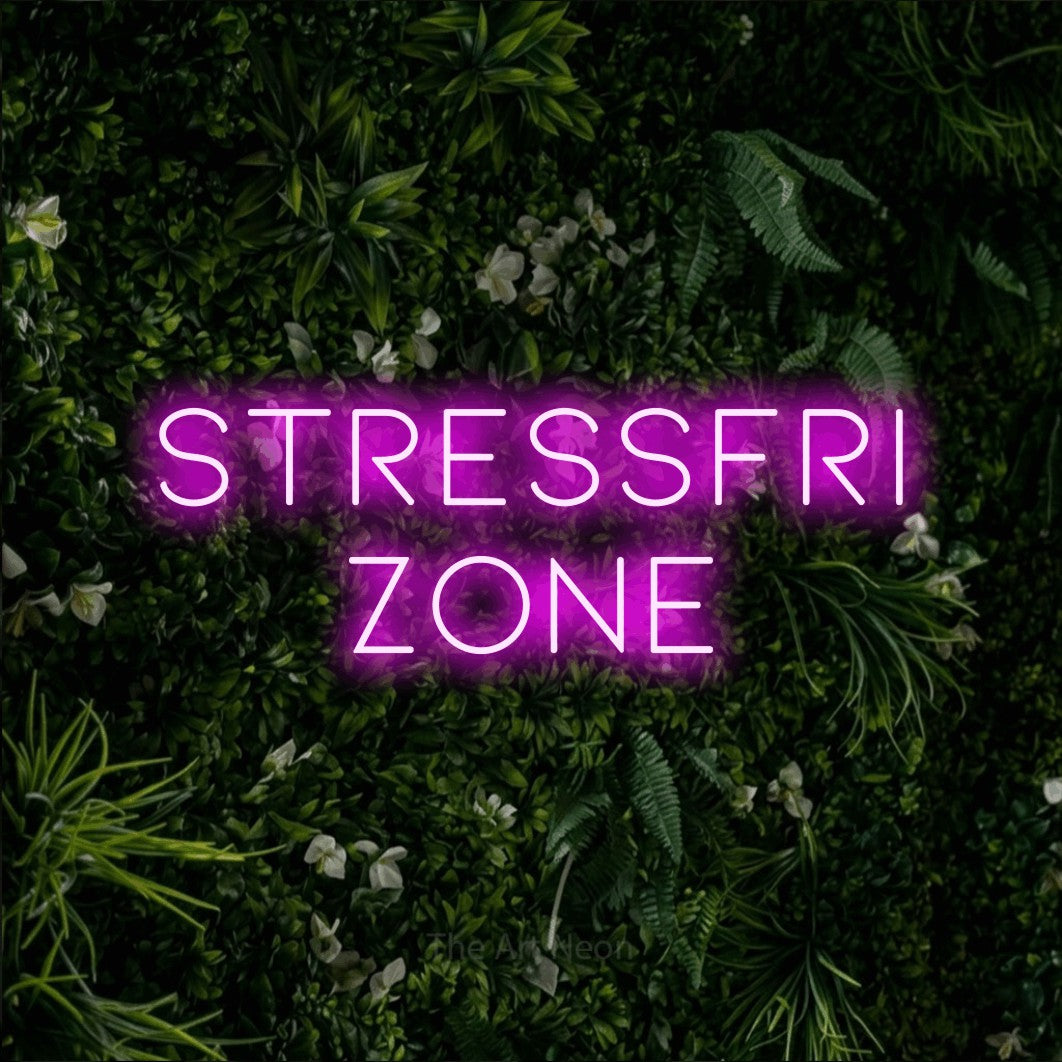 LED neon sign reading “STRESSFRI ZONE”, arranged in 2 lines.