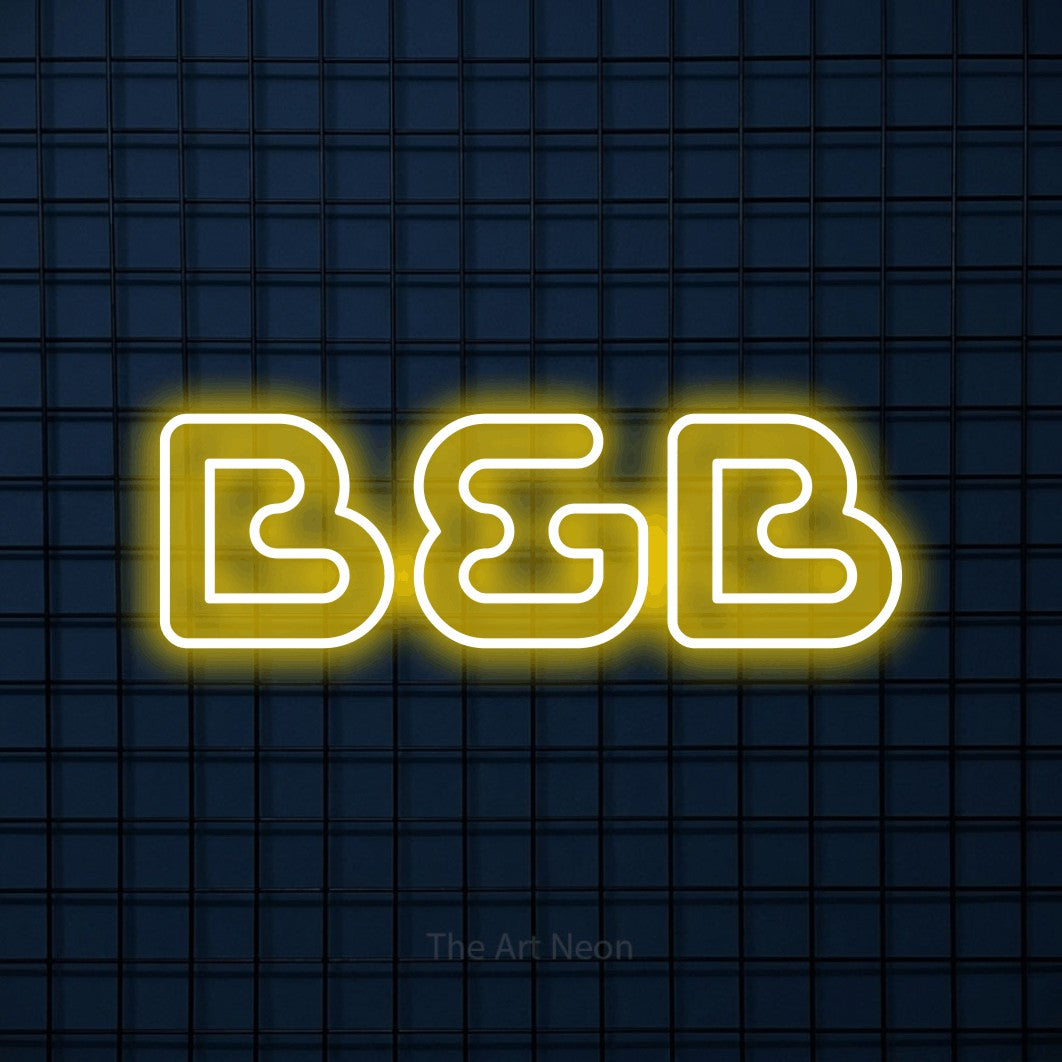 LED neon sign reading “B&B”, arranged in a single line.