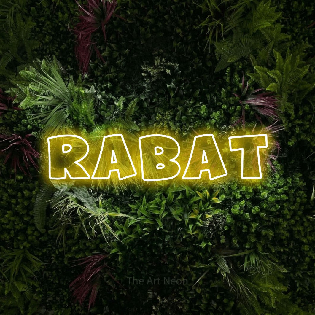 LED neon sign reading “Rabat”, arranged in a single line.