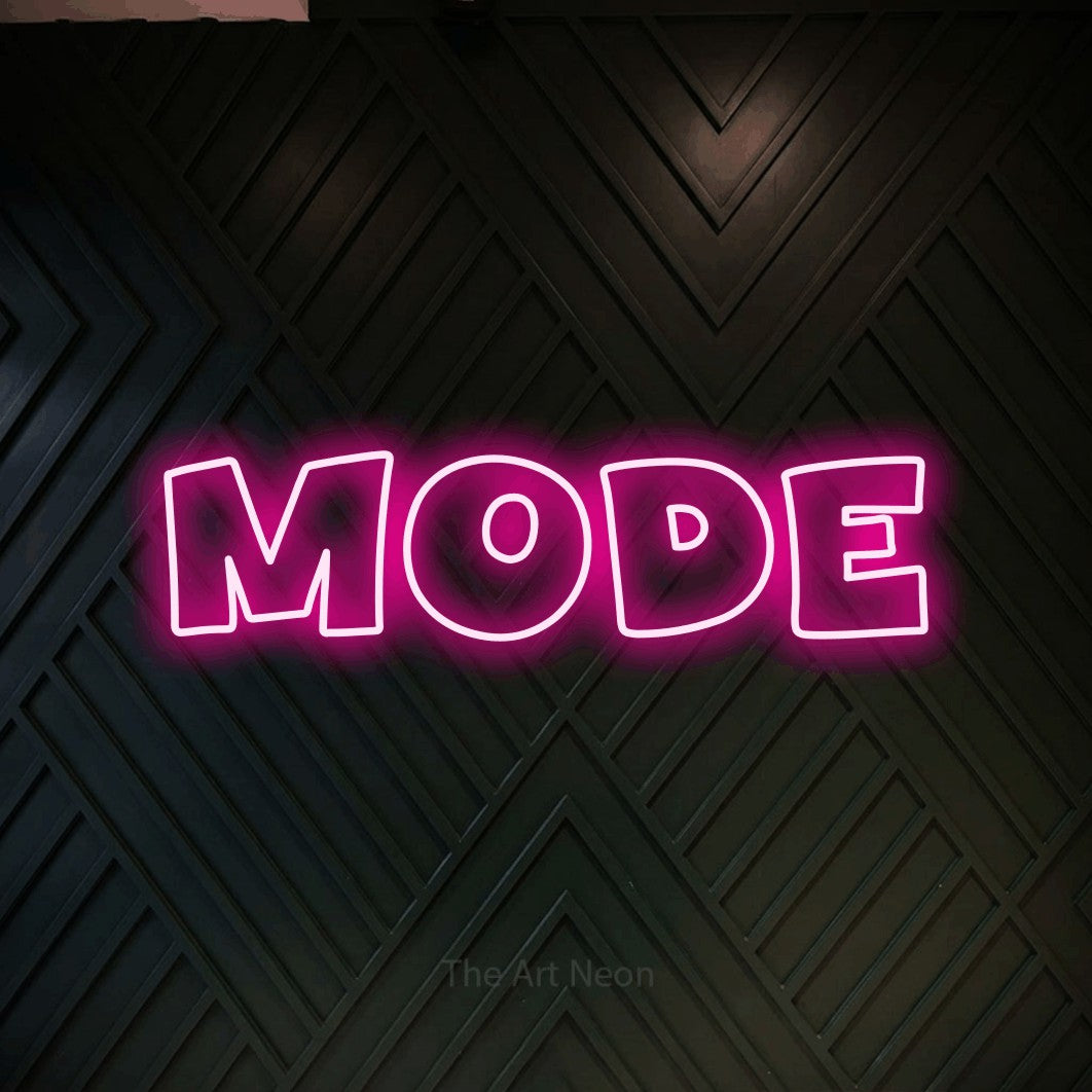 LED neon sign reading “Mode”, arranged in a single line.