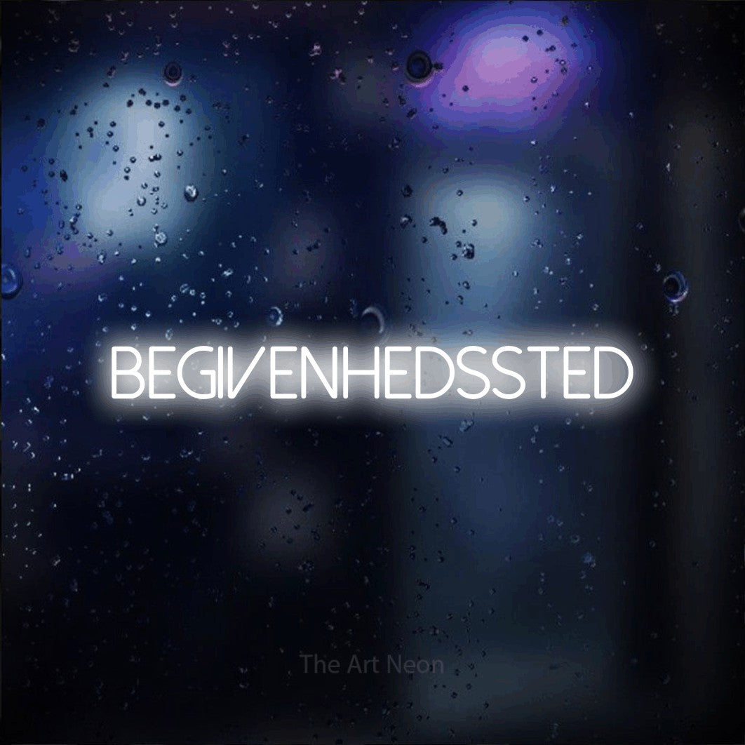 LED neon sign reading “begivenhedssted”, arranged in a single line.