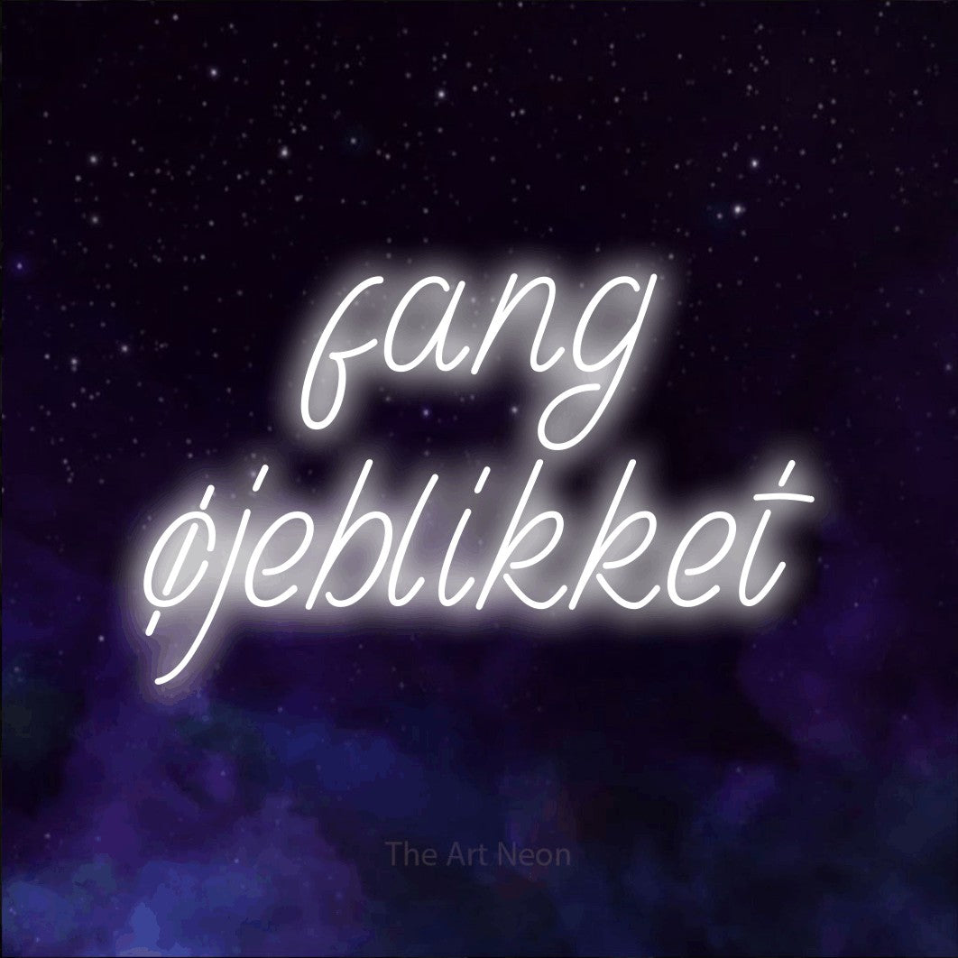 LED neon sign reading “fang øjeblikket”, arranged in 2 lines.