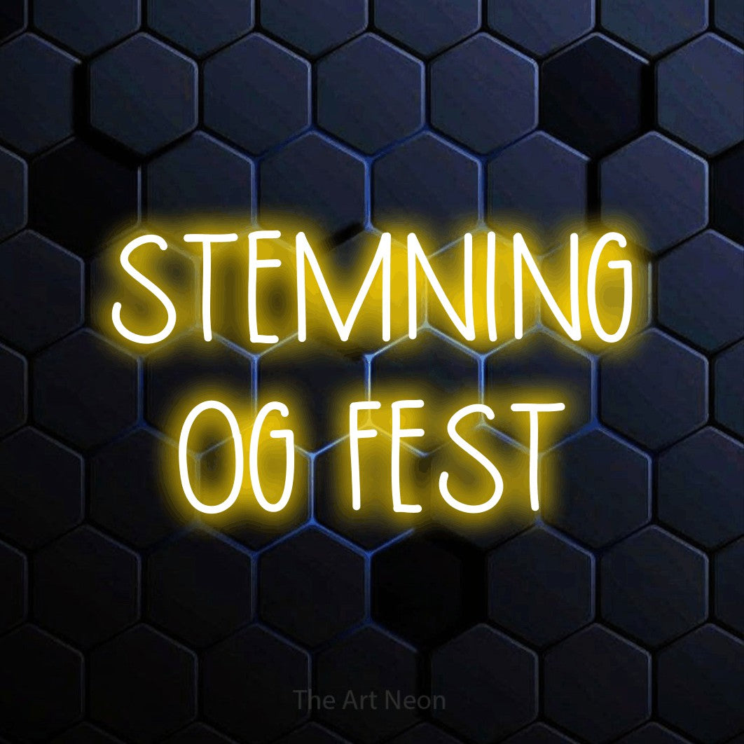LED neon sign reading “STEMNING OG FEST”, arranged in 2 lines.