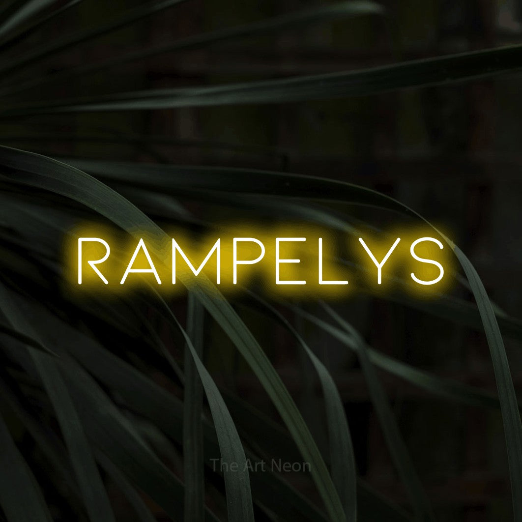LED neon sign reading “Rampelys”, arranged in a single line.