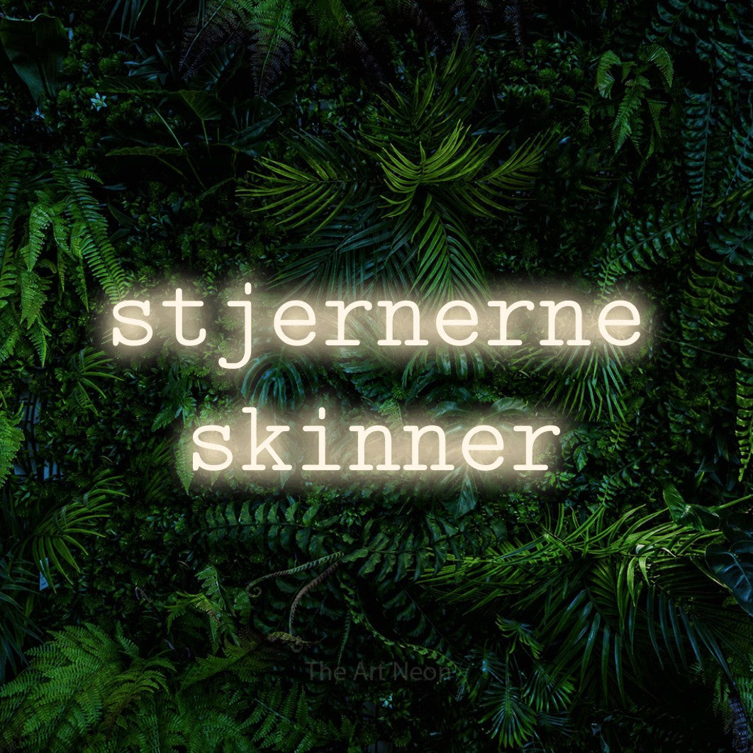 LED neon sign reading “stjernerne skinner”, arranged in 2 lines.