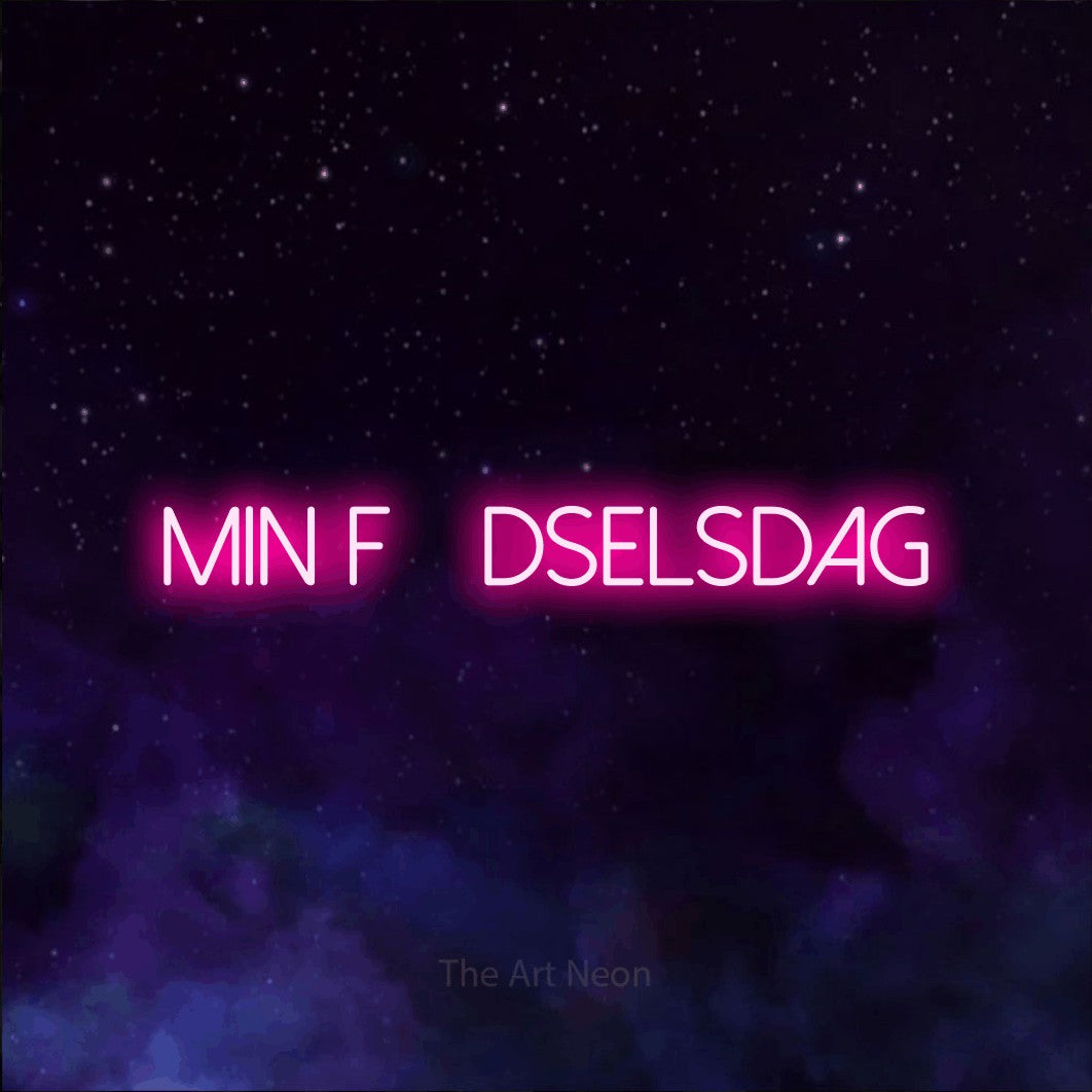 LED neon sign reading “min FØDSELSDAG”, arranged in a single line.