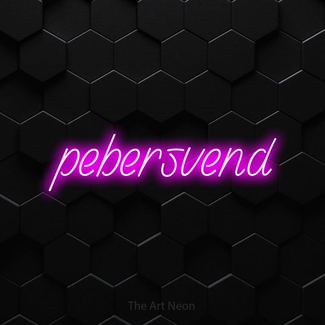 LED neon sign reading “pebersvend”, arranged in a single line.