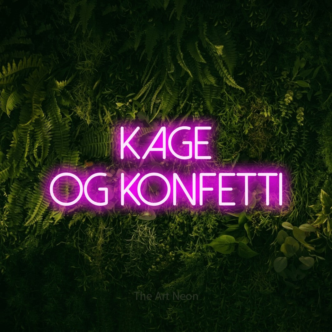 LED neon sign reading “kage og konfetti”, arranged in 2 lines.