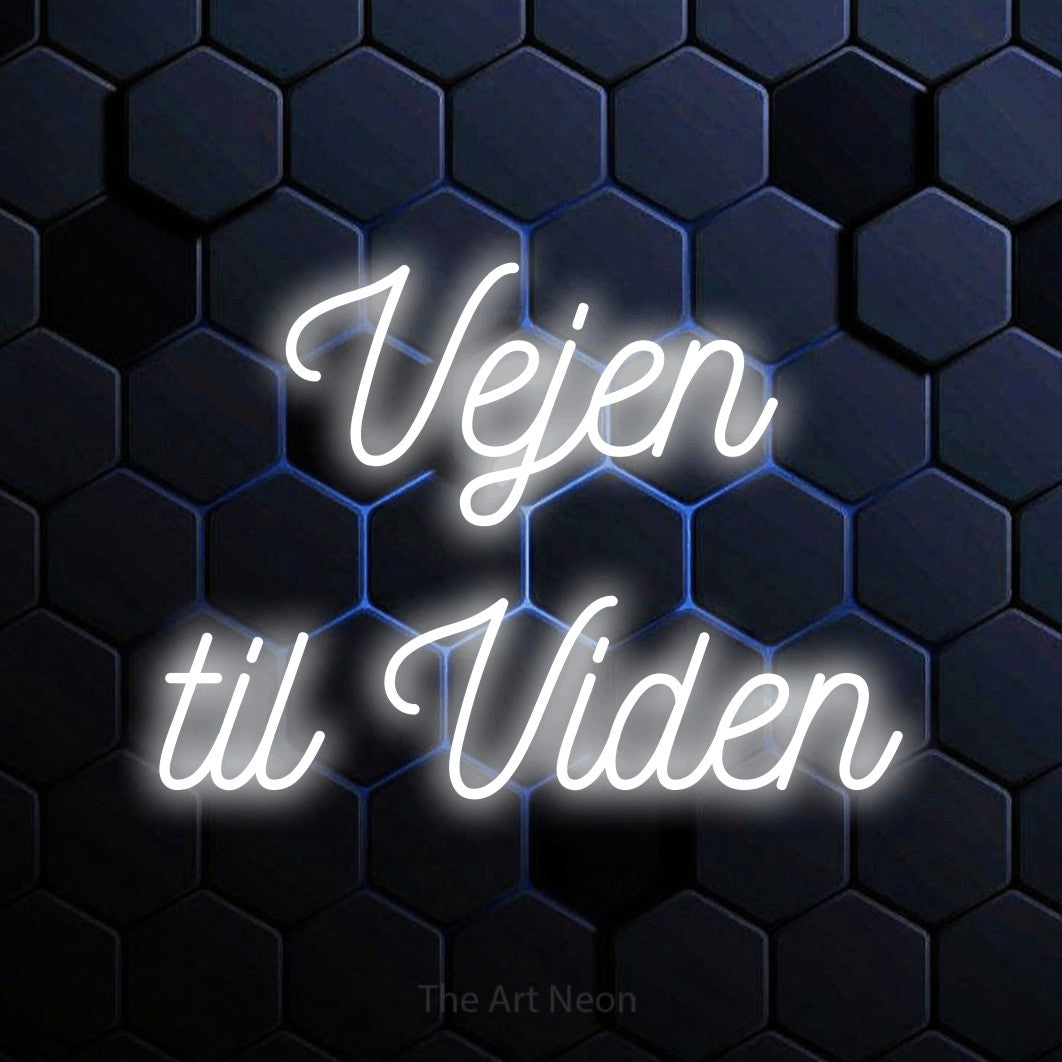 LED neon sign reading “Vejen til Viden”, arranged in 2 lines.