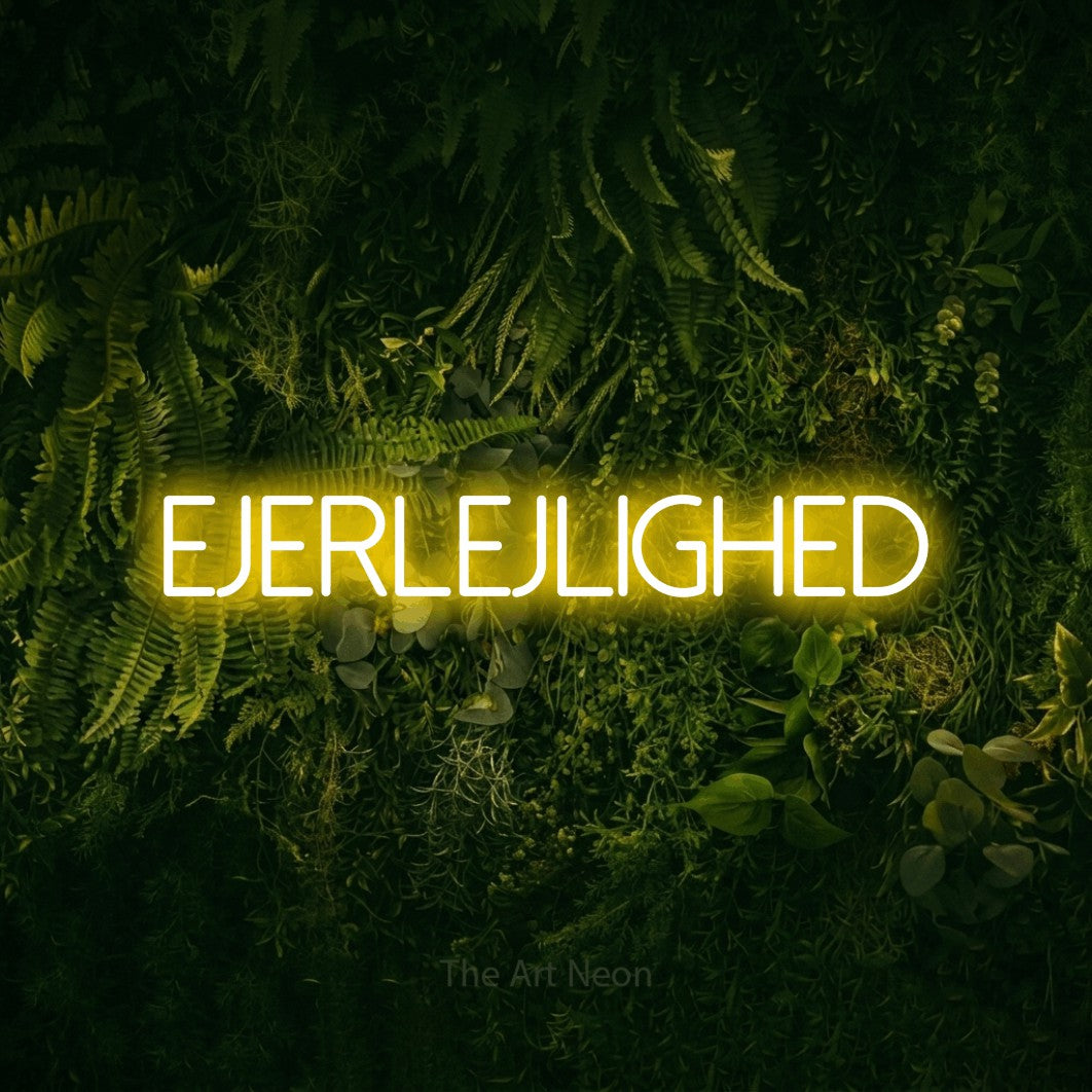 LED neon sign reading “EJERLEJLIGHED”, arranged in a single line.