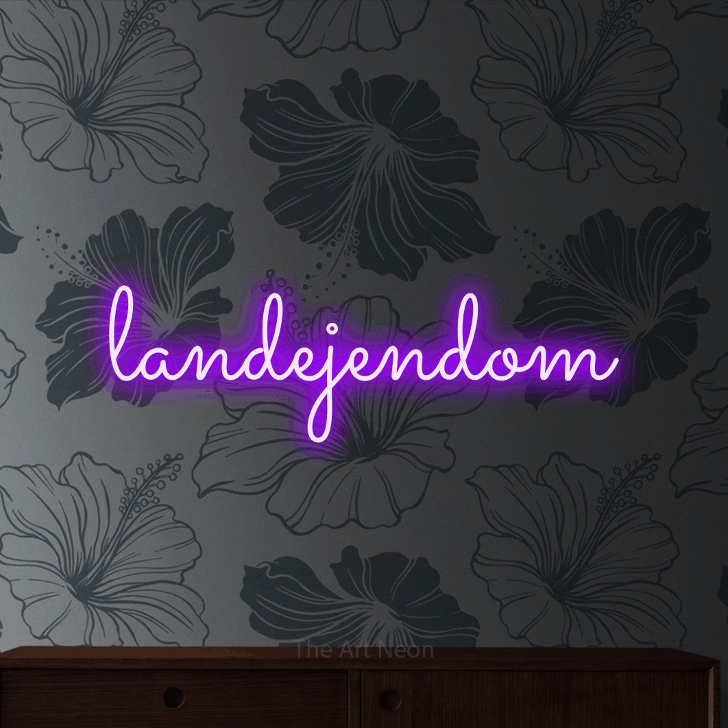 LED neon sign reading “landejendom”, arranged in a single line.