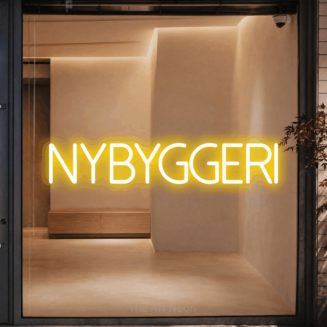 LED neon sign reading “Nybyggeri”, arranged in a single line.