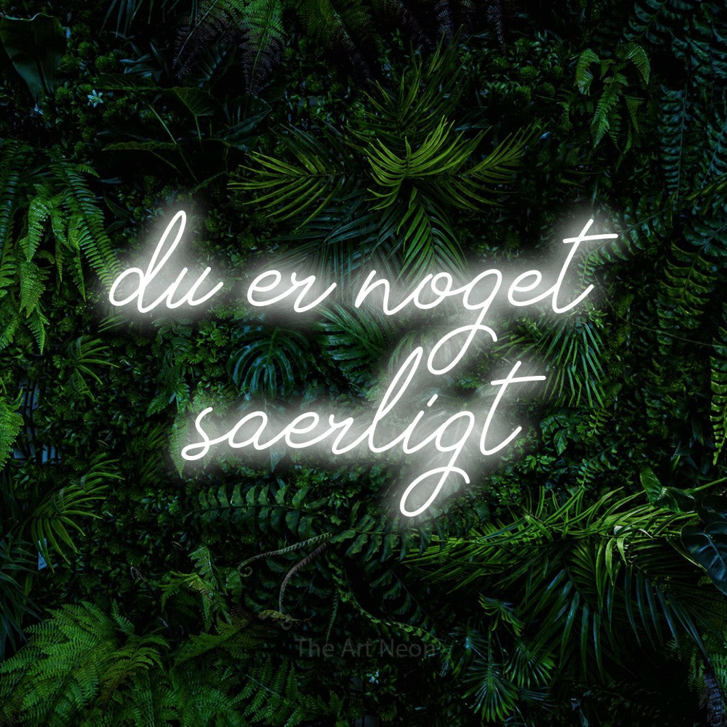 LED neon sign reading “du er noget særligt”, arranged in 2 lines.