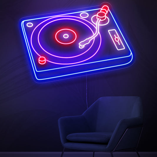"DJ Turntable Neon Sign" lights up with a rhythmic glow, infusing your space with the vibrant energy of the music scene, perfect for music enthusiasts and creative environments.