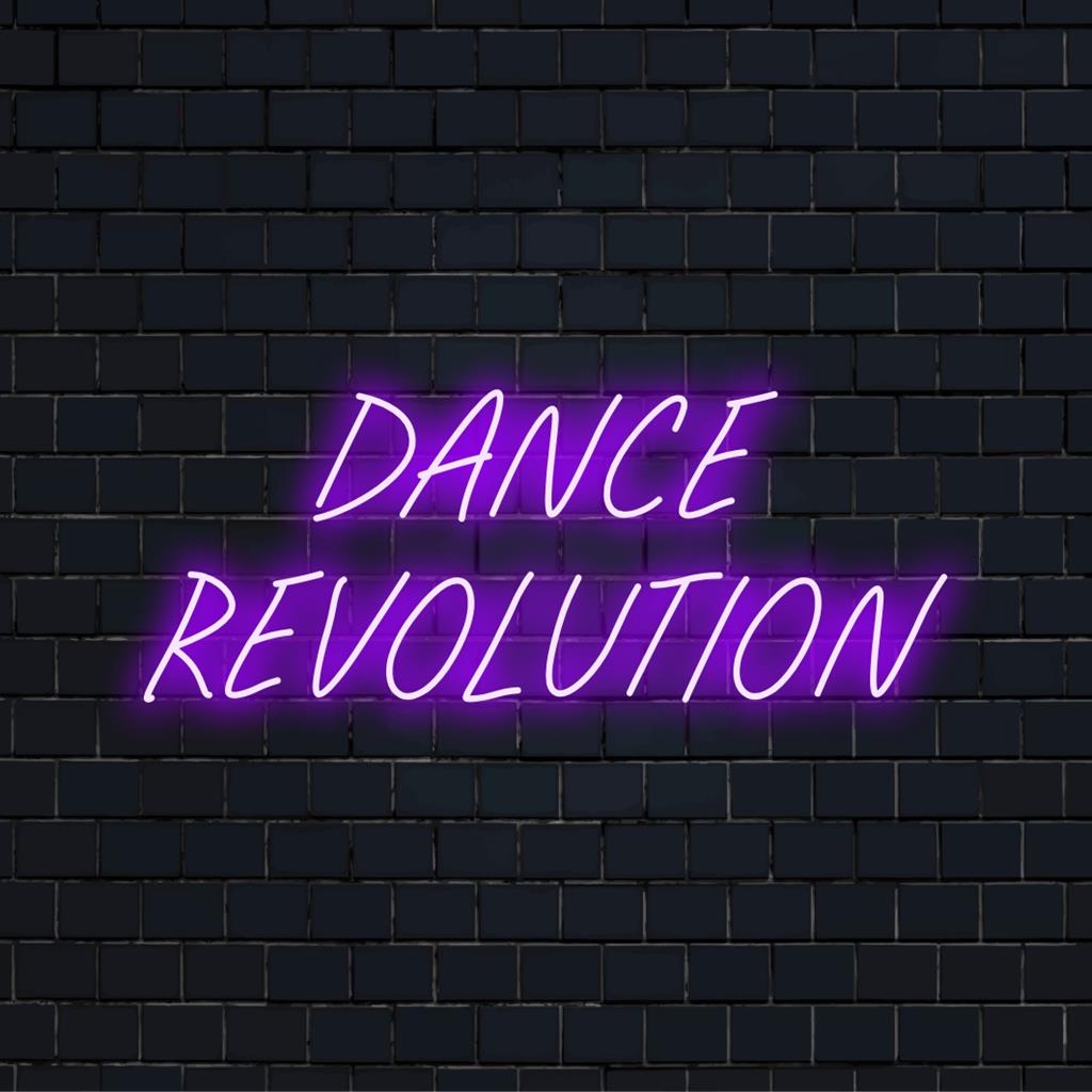 Custom LED neon sign spelling Dance Revolution in vivid colors; perfect neon art for lively decor.