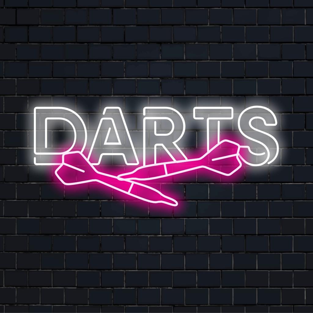 Custom LED neon sign displaying a vibrant darts design, perfect for unique wall decor and personalized neon art lighting.