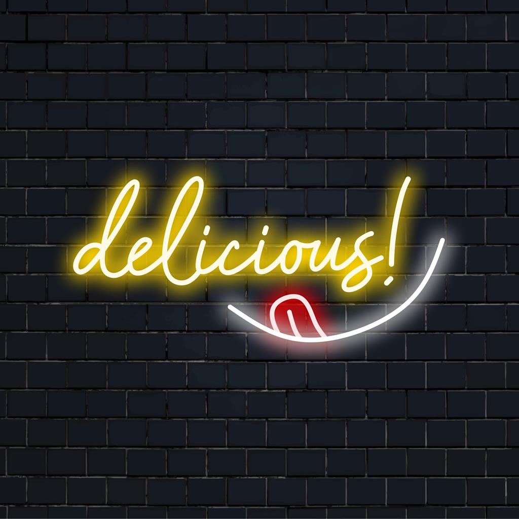 Letrero de neón LED vibrante y personalizado con la palabra "¡Delicioso!". Perfecto para añadir encanto y brillo a cualquier espacio.