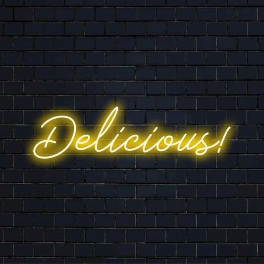 Vibrant custom LED neon sign spelling Delicious! perfect for adding a unique and eye-catching flair to any space.