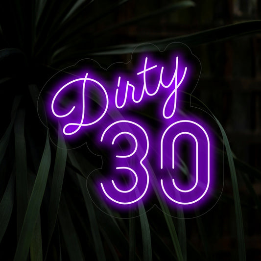 "Dirty 30 Neon Sign" lights up with a vibrant glow, infusing the celebration with a playful and spirited atmosphere, perfect for marking the milestone of turning 30.