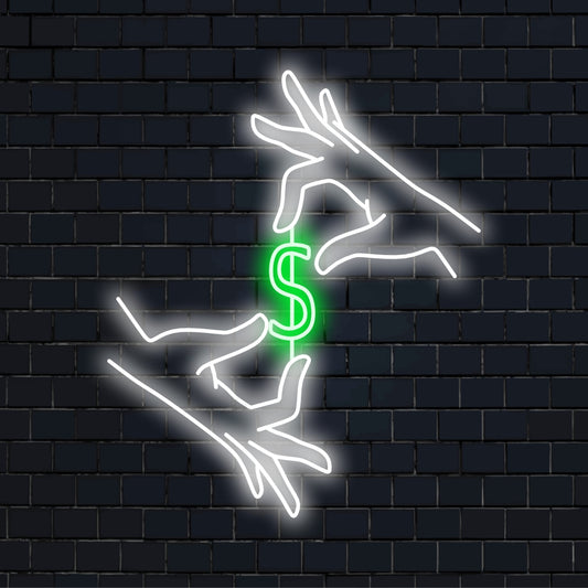 "Dollar Between Hands Neon Sign" lights up with a bold glow, symbolizing financial success and prosperity, making it perfect for businesses and spaces celebrating monetary achievements.