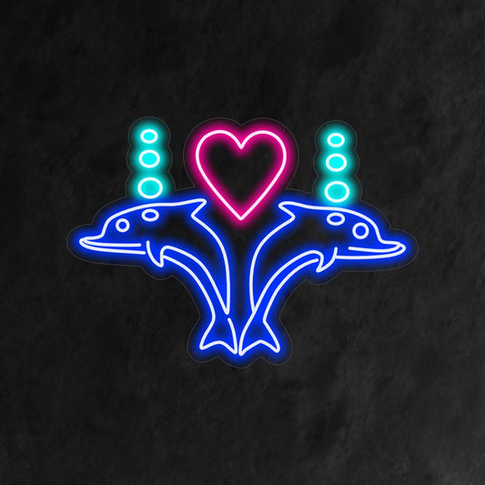 "Dolphins In Love With Heart Neon Sign" is an artistic and whimsical addition to your interior. A neon light that portrays the beauty of dolphins in love, creating a captivating atmosphere.
