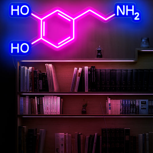 "Dopamine Molecule Neon Sign" lights up with a vibrant glow, celebrating the molecular structure associated with pleasure and reward, making it perfect for science enthusiasts and intellectual environments.