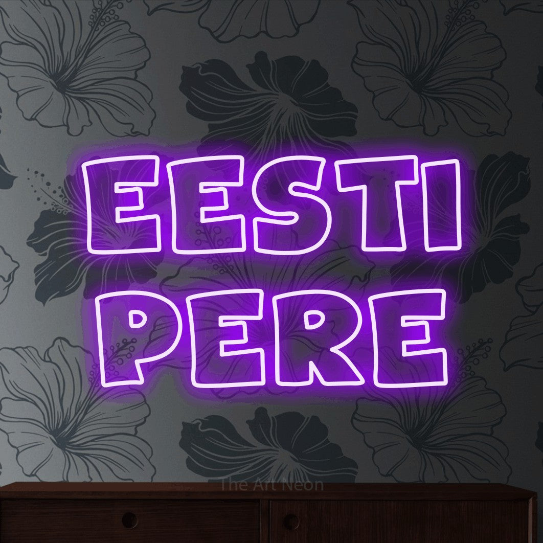 LED neon sign reading “Eesti Pere”, arranged in 2 lines.