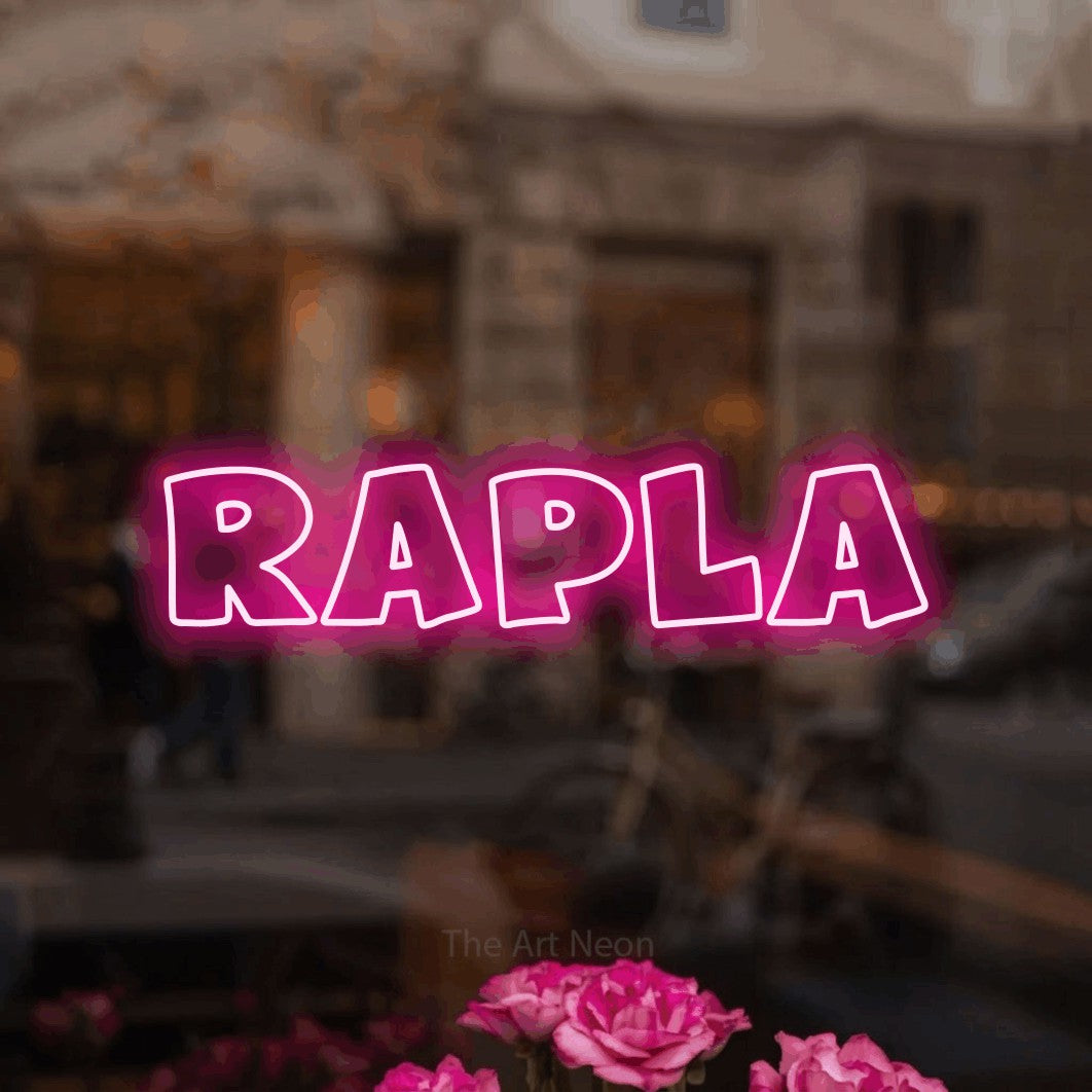 LED neon sign reading “Rapla”, arranged in a single line.