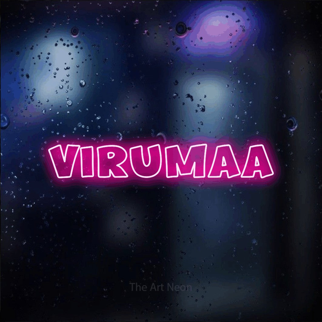 LED neon sign reading “VIRUMAA”, arranged in a single line.