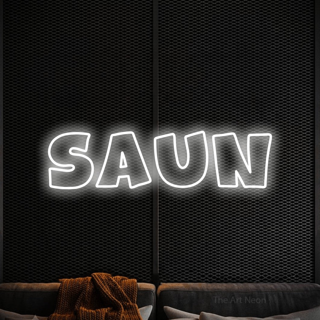 LED neon sign reading “Saun”, arranged in a single line.