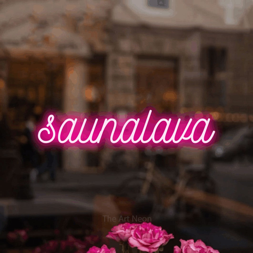 LED neon sign reading “saunalava”, arranged in a single line.