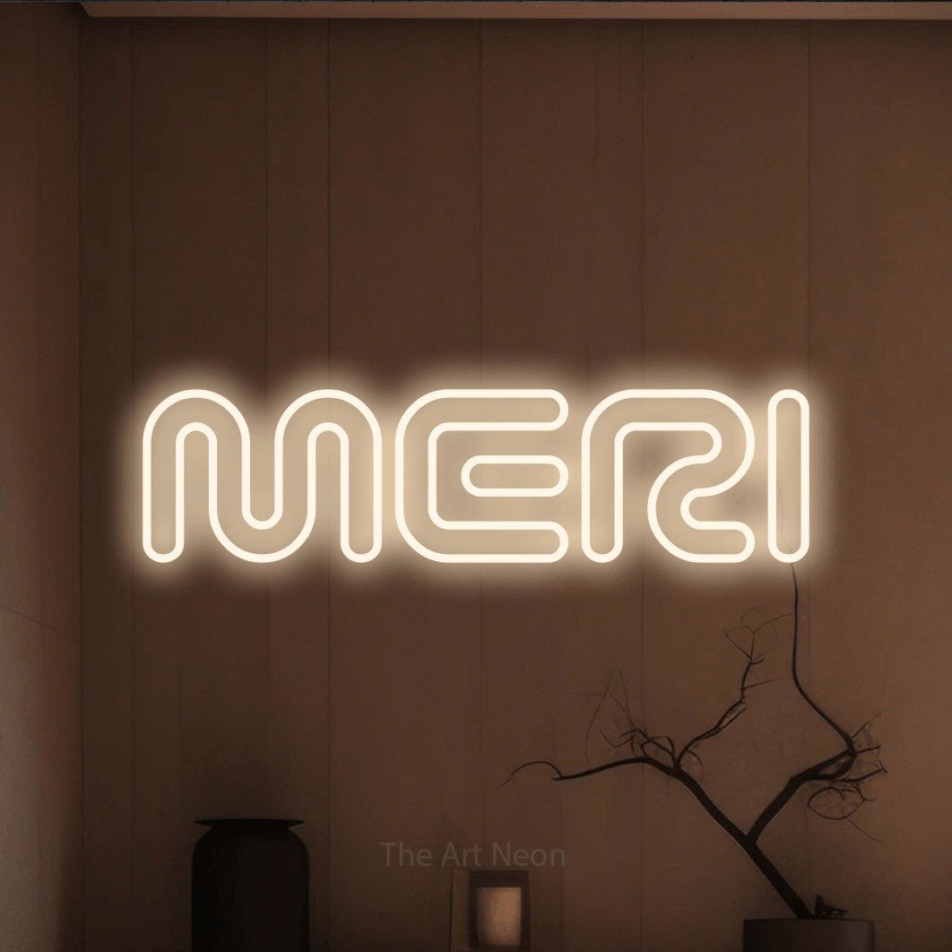 LED neon sign reading “MERI”, arranged in a single line.