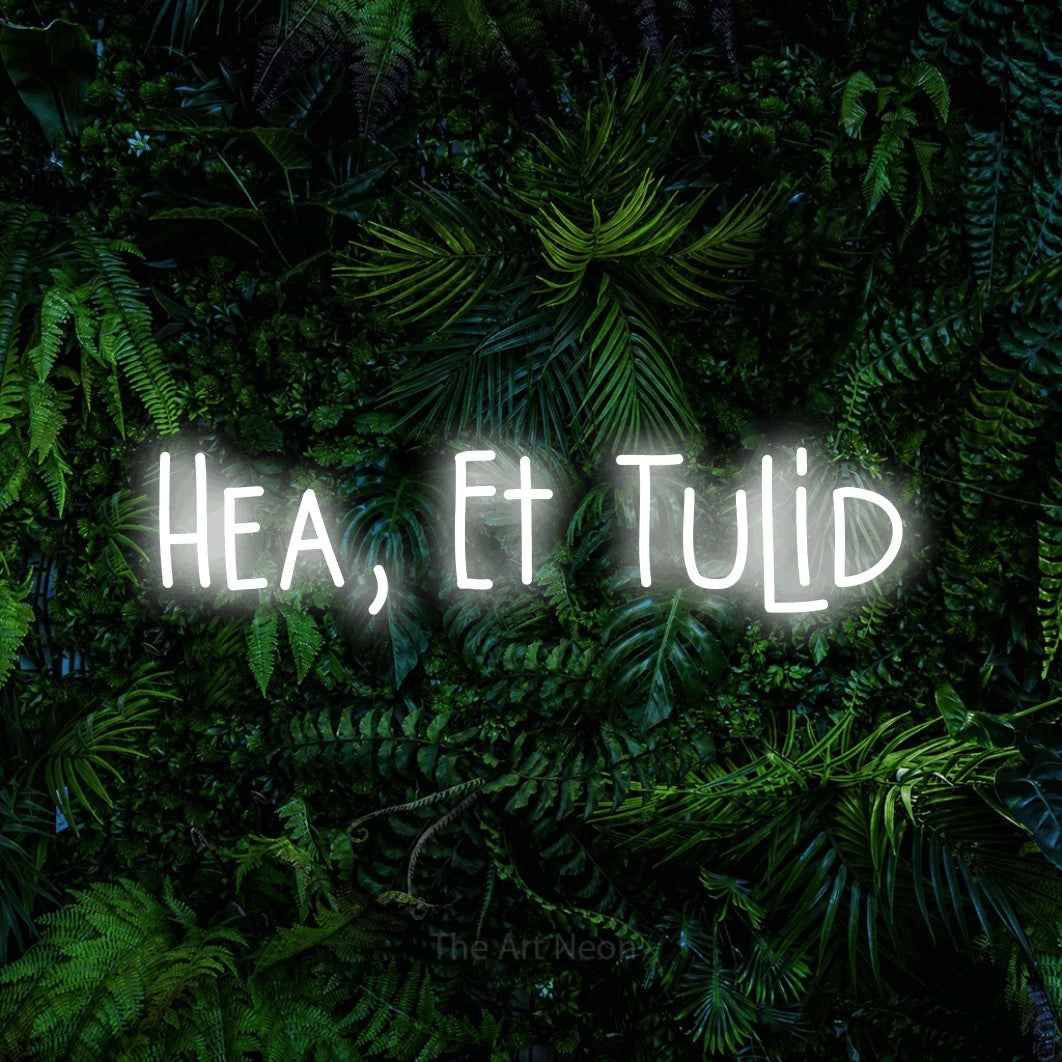 LED neon sign reading “Hea, Et Tulid”, arranged in a single line.