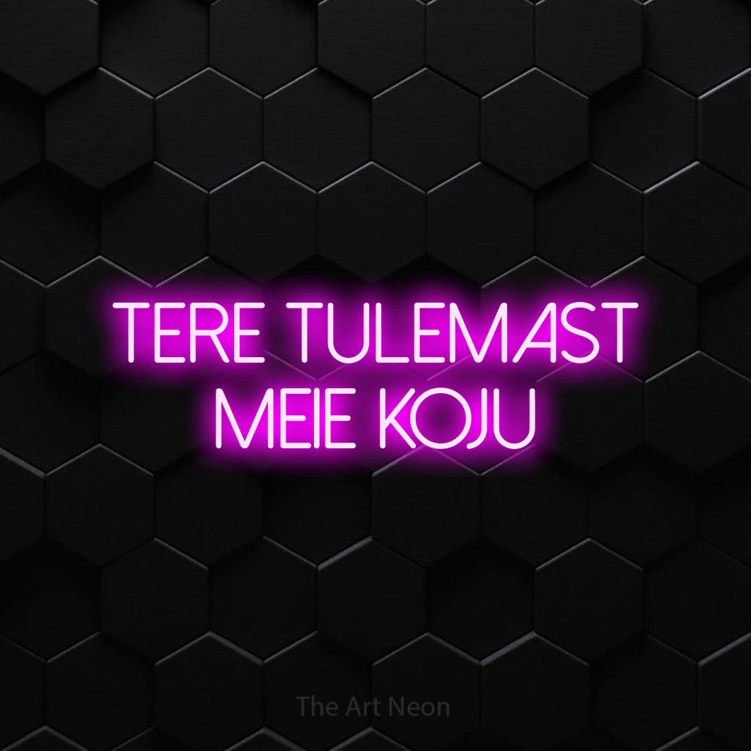 LED neon sign reading “tere tulemast meie koju”, arranged in 2 lines.
