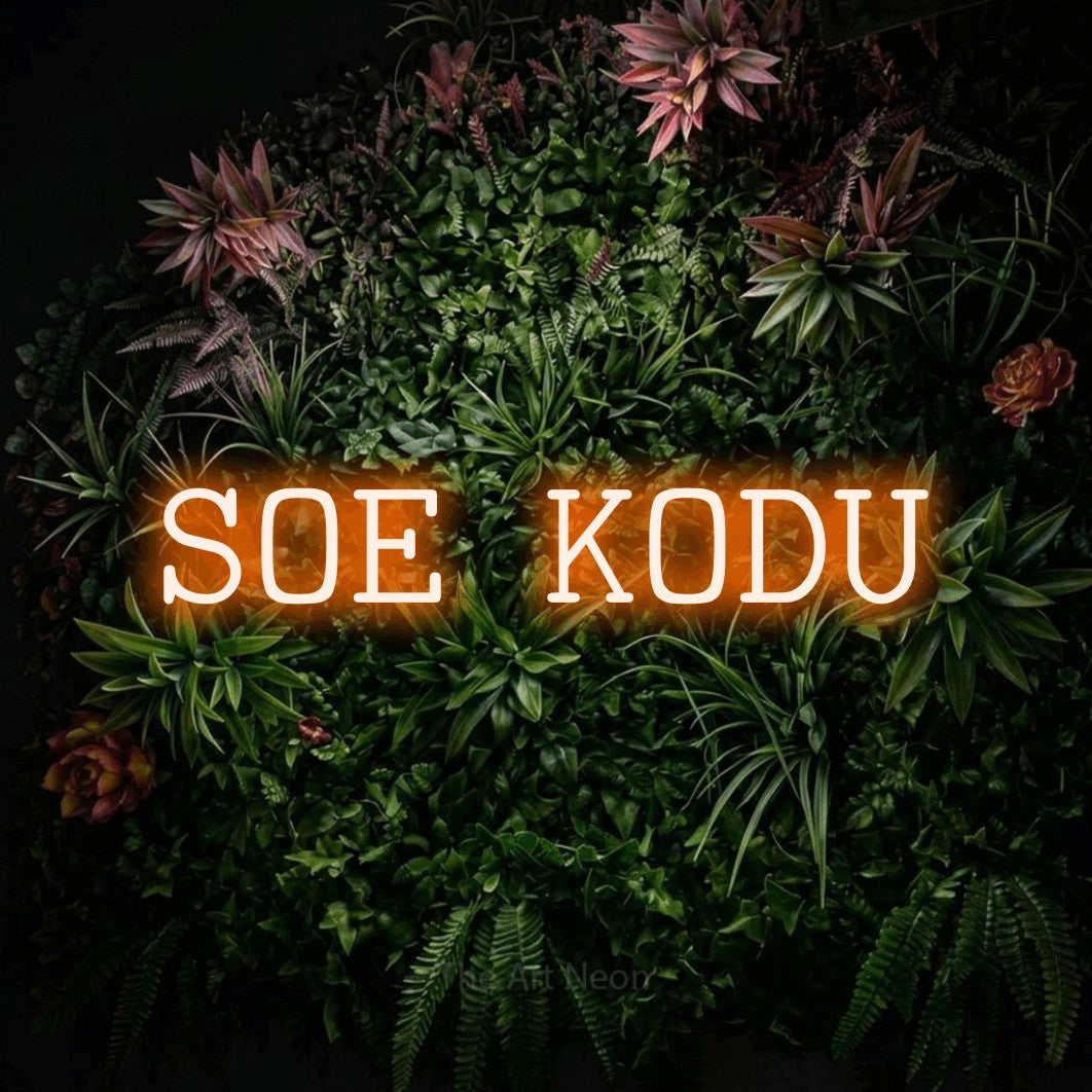 LED neon sign reading “SOE KODU”, arranged in a single line.