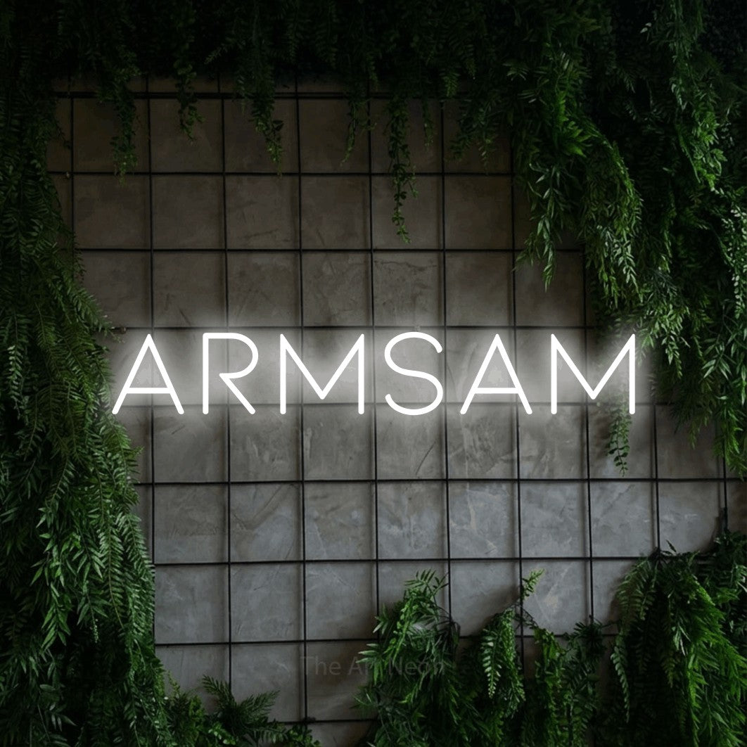 LED neon sign reading “Armsam”, arranged in a single line.