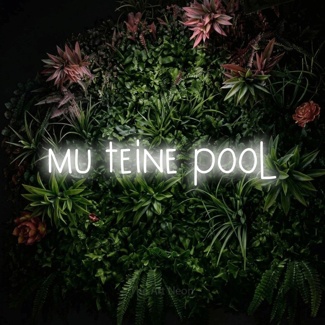 LED neon sign reading “mu teine pool”, arranged in a single line.