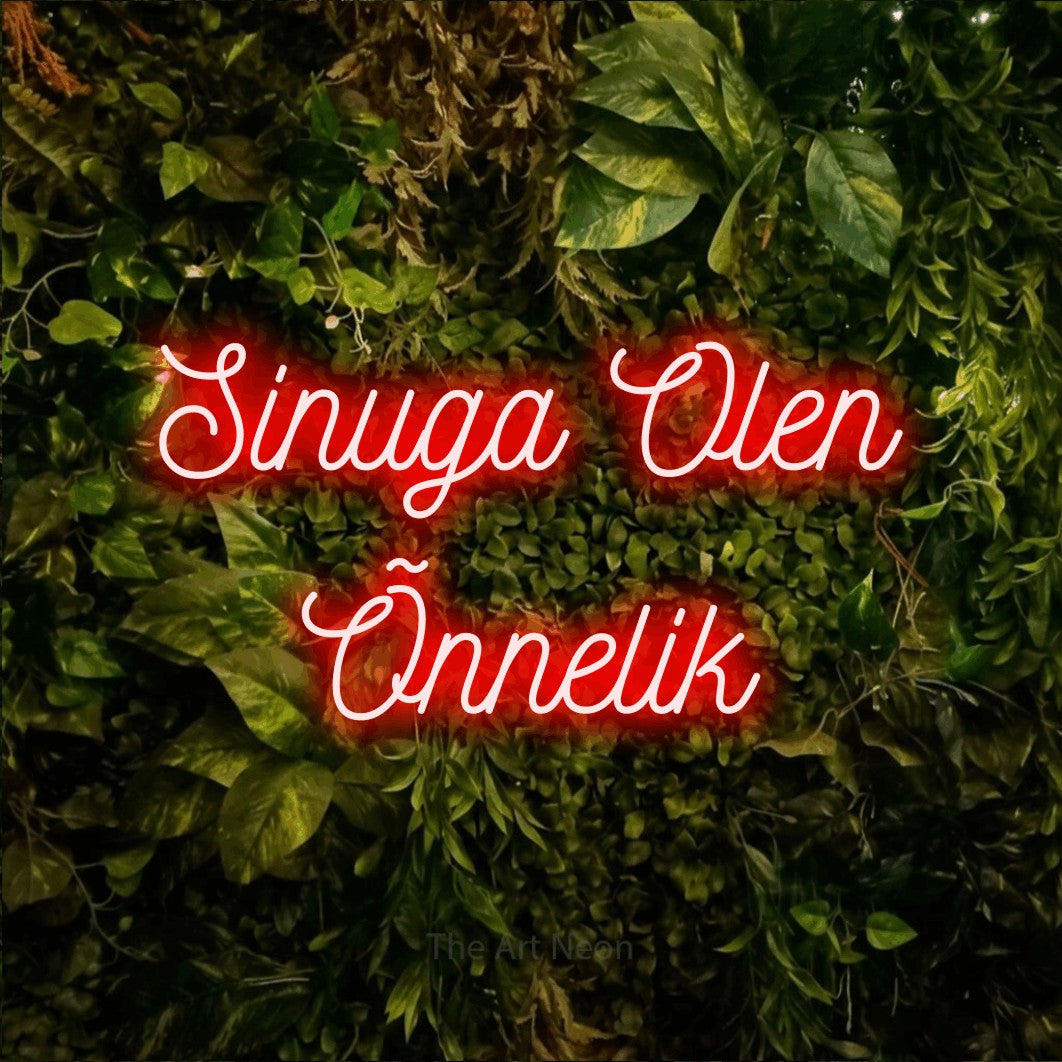 LED neon sign reading “Sinuga Olen Õnnelik”, arranged in 2 lines.