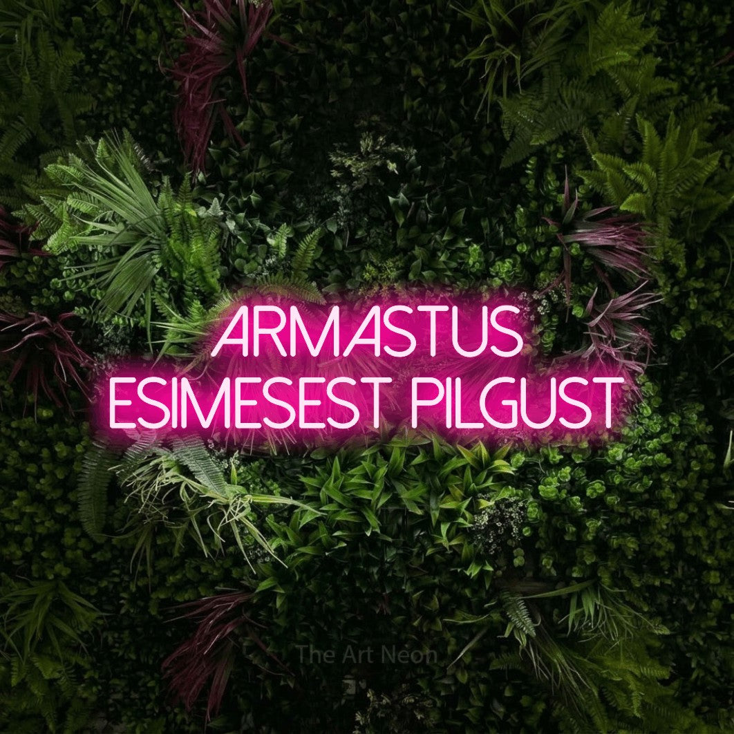 LED neon sign reading “Armastus esimesest pilgust”, arranged in 2 lines.
