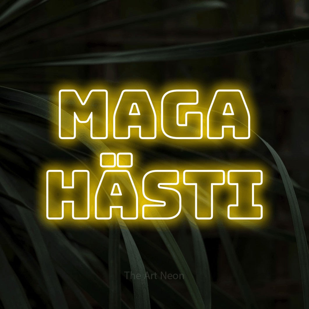 LED neon sign reading “Maga Hästi”, arranged in 2 lines.