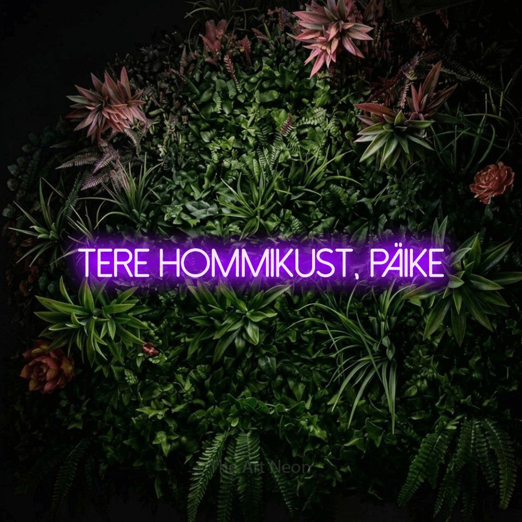 LED neon sign reading “Tere Hommikust, Päike”, arranged in a single line.