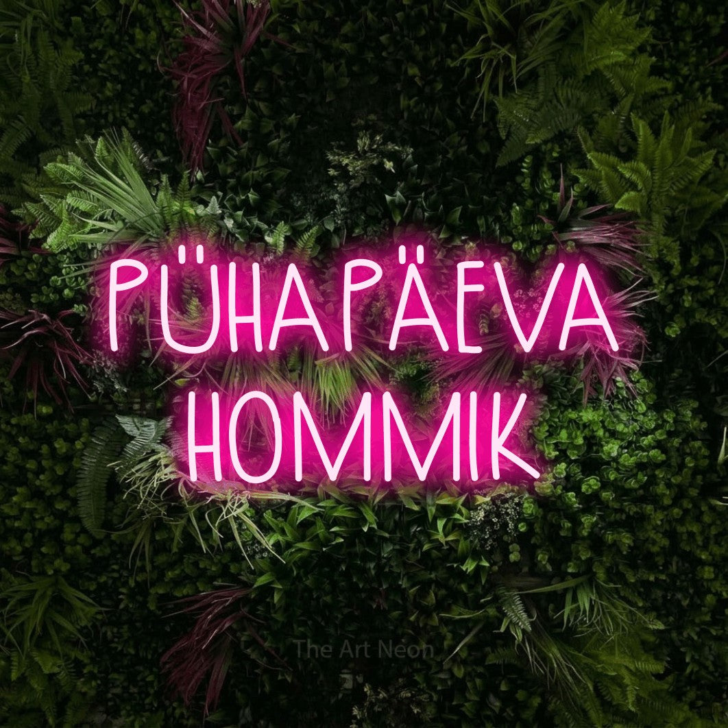 LED neon sign reading “PÜHAPÄEVA HOMMIK”, arranged in 2 lines.